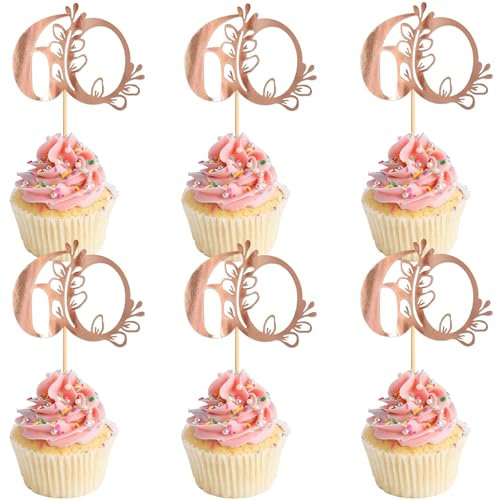 Blumomon 24Pcs 60th Happy Birthday Cupcake Toppers Happy 60 Cupcake Topper Cheers to 60 Cake Decoration 60th Birthday Party Decoration 60th Anniversary Cake Decoration(Rose Gold)