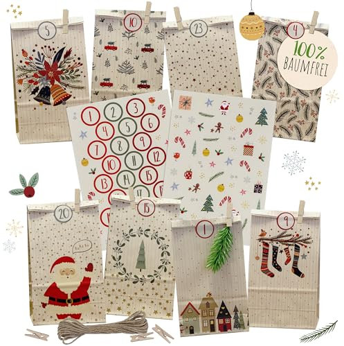 Adventskalender Bastelset Nachhaltig, 100% Baumfrei | DIY Adventskalender zum Befüllen, 24 Geschenktüten aus Zuckerrohrpapier, 2 Stickerbogen mit Zahlen & Motiven, 24 Holzklemmen, 5m Juteband