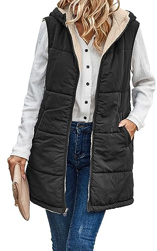 Famulily Women's Fleece Long Gilets Body Warmer Padded Reversible Sleeveless Vests Zip Up Outwear Jacket Black L