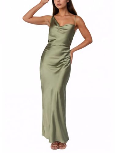 Robe Longue d'été en Satin pour Femme 2025 avec col bénitier froncé en Soie froncée pour invitées de Mariage, Demoiselle d'honneur avec Fente, Vert Olive, Taille XS