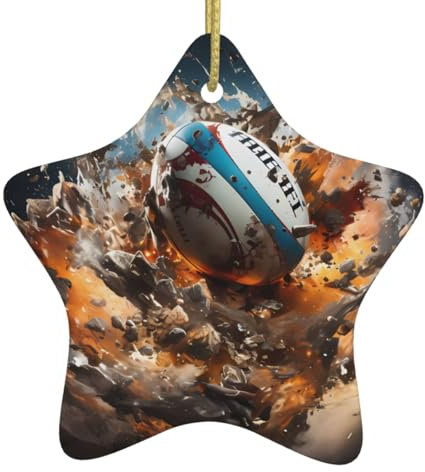 WHJWXC Weihnachtlicher Keramik-Stern-Anhänger für festliche Dekorationen und Souvenirs, Rugby auf Feuerdruck