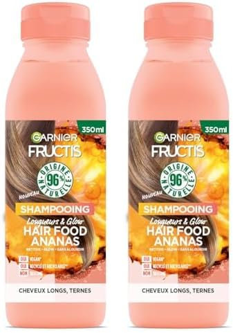 Garnier - Fructis Hair Food - Shampooing Nourrissant Longueurs & Glow à l'Ananas - Formule Vegan à 97% d'Origine Naturelle - Pour Cheveux Longs & Ternes - 350 ml (Lot de 2)