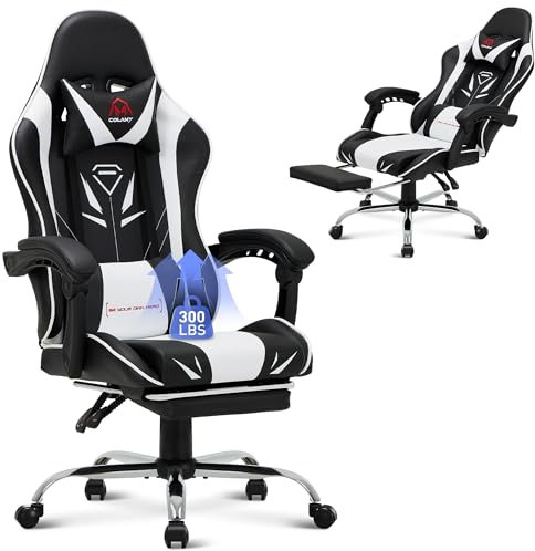COLAMY Gaming Chair, Computer Chair with Footrest and Lumbar Support, Height Adjustable Gaming Chair with 360°-Swivel Seat and Headrest, White