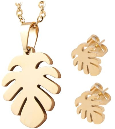 DEARMAMY 2 Set Palm Leaf Necklace Earrings Women Jewelry Set Daily Decor Gold Palm Leaf Pendant Necklace