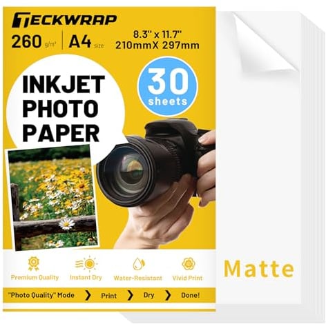 TECKWRAP Mattes Fotopapier für Drucker, 21,1 x 29,7 cm, Tintenstrahl-Fotodrucker-Papier für DIY-Alben, Chip-Tüten, Flyer, Karten, Kalender, Broschüren-Druckpapier, 260 g/m², 30 Blatt