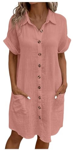 NNGOTD Robe Ete Femme Midi Col V Boheme avec Poches Manches à Volants Coton Robes De Plage Chic et Elegant Longueur Genou Décontracté Casual Long Dress Elegant Pas Cher Solde (1A Rose,XXL)