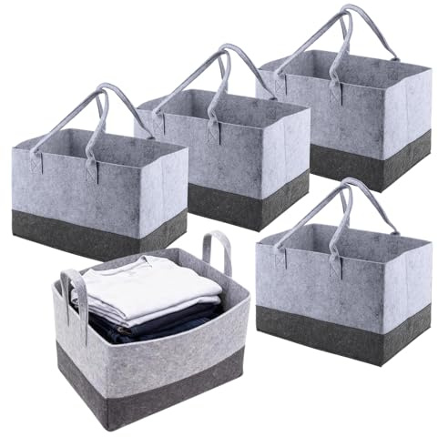 HEIYUET 5 Stück Filztasche Shopper, 38x25.5x25.5cm Groß Filztasche Einkaufstasche mit Henkel, Einkaufskorb Faltbar für Einkauf, Picknick, Strand, Holz, Grau