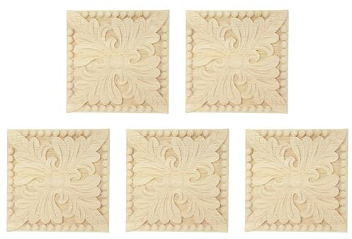 Uikdjgu 5X Natural Wood Appliques Square Flower Carving Decals Decorative Wooden Mouldings 10x10cm