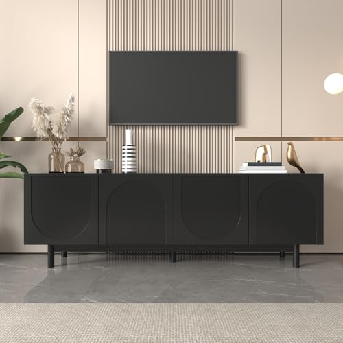 FammyLoft 175cm TV Cabinet with 4 Doors, Lightweight TV Stand Cabinet with Adjustable Shelve, Modern Entertainment Unit for Living Room, Black