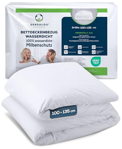 Sensalou Wasserdichter Bettdeckenbezug 100 x 135 cm - Milbendichtes Encaing | Atmungsaktive Allergiker Bettwäsche aus Baumwoll-Jersey - Waschbar 95 Grad - PU-Schutzbezug mit Reißverschluss und Schlaufen