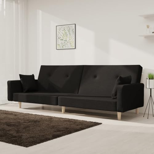CKioict Schlafsofa 2-Sitzer mit 2 Kissen Schwarz Stoff Sofabett Bettcouch Komfortabel Holzrahmen Stabil Vielseitig Wohnzimmer