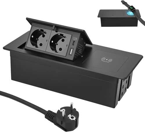 Multiprise intégrée pour le bureau - Multiprise pliable avec 20 W QC3.0 USB-A+C et charge sans fil Qi 15 W (pour téléphone/montre/écouteurs), interrupteur pop-up, câble 16 AWG de 1,8 m, noir