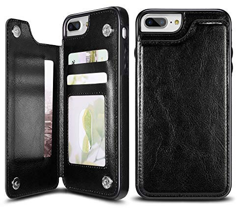 UEEBAI Ledertasche mit zwei Magnetverschlüssen, Brieftasche und Kartensteckplatz für iPhone iPhone 7 Plus/iPhone 8 Plus Schwarz