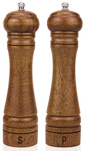 XWXO Wood Salt and Pepper Mill Set - Adjustable Ceramic Grinders, Oak Wood Shakers for Kitchen, 8 Inches, Pack of 2 (Brown)