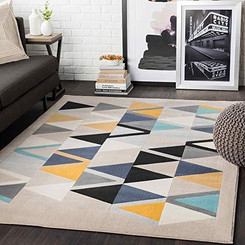 Surya Marietta Teppich Wohnzimmer Boho, großer Teppich Schlafzimmer 200x274 cm - Teppich für Esszimmer mit geometrischem Muster, Skandinavischer Wohnzimmerteppich modern in Beige, Gelb, Blau