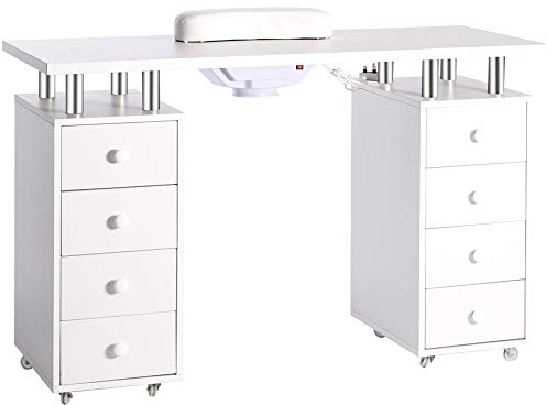 Warmiehomy Professional Nail Table 8 Drawers Nail Art Manicure Table Beauty Salon Workstation Storage Drawers Nail Desk W/Built-in Nail Dust Collection, White,119x45x78cm