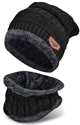 Winter Beanie Hat & Scarf Set, Warm Knitted Hat and Circle Scarf, Skiing Neck Warmer, Outdoor Sports Set with Fleece Liner, Gifts for Men Women (Black)