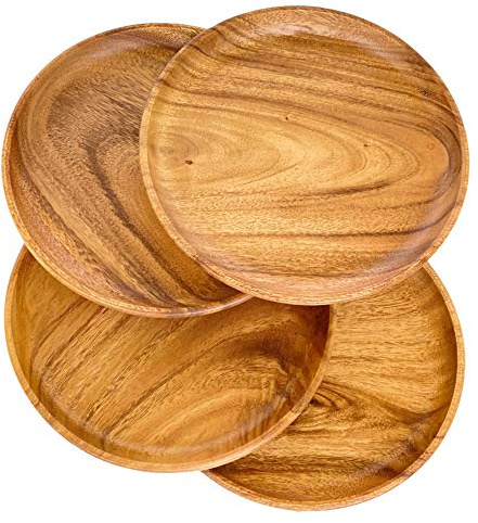 WRIGHTMART Holzteller-Set, 4 Holzservierer, Geschirr, handgefertigt aus Akazien-Hartholz, vielseitiges Geschirr, für Abendessen, Mittagessen, Frühstück, Platzteller, 25.4 x 25.4 cm, Natur
