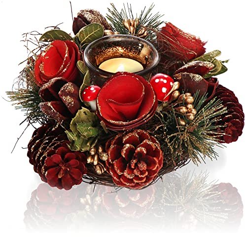 COM-FOUR® Teelichthalter - dekorativer Kerzenständer für Weihnachten und Herbst - Kerzenhalter mit natürlichen Materialien - Handarbeit (Adventsgesteck rote Blume - 1 Kerze)