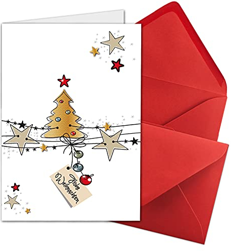 NEUSER PAPIER 20x Weihnachtskarten-Set DIN A6 in Weiß mit Weihnachtsbaum und Sternen - Faltkarten mit Umschlägen DIN C6 in Rot mit Nassklebung - Weihnachtsgrüße für Firmen und Privat