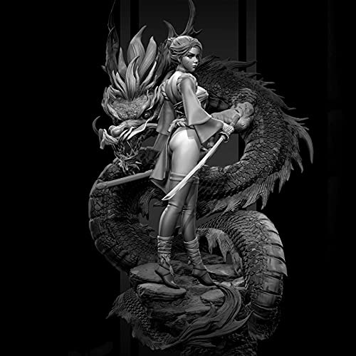 Risjc 1/24 75mm weibliche Kriegerin und Drache Harzfigur Modell unbemalt und unmontiert Bausatz/67319E