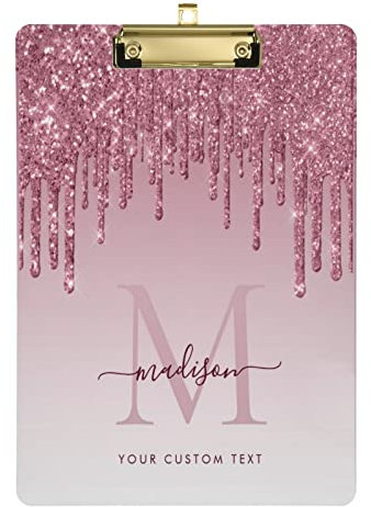 Personalisiertes rosa Glitzer-Acryl-Klemmbrett, A4, Briefformat, Hartfaserplatte mit Text-Logo, für Büros, Schule, Klassenzimmer, 22,9 x 31,8 cm, mit niedrigem Profil-Metallclip