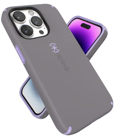 Speck iPhone 14 Pro Hülle – Schlanke Handyhülle mit Fallschutz, Kratzfest mit weicher Haptik für 6,1 Zoll iPhone 14 Pro Hülle – zweilagige Hülle, wolkiges Grau/Frühlingslila CandyShell Pro