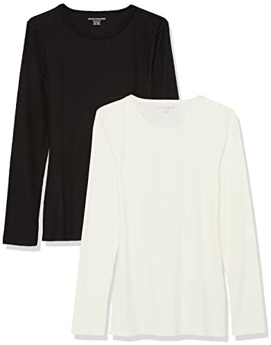 Amazon Essentials Haut à Encolure Ronde et Manches Longues, Coupe ajustée, en Maille côtelée (Existe en Grandes Tailles) Femme, Lot de 2, Blanc Cassé/Noir, XS