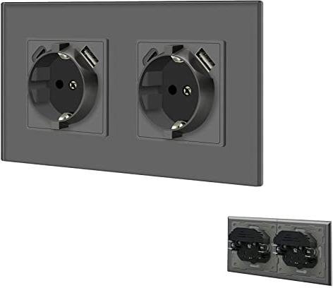 BSEED Enchufe de pared con puertos USB(tipo C y tipo A 2,1 A total),Gris Doble Schuko Enchufe con clips,16A 250V Enchufe de pared con 2 x cargadores USB y Tipo C adecuado para Smartphone MP3 Tablet