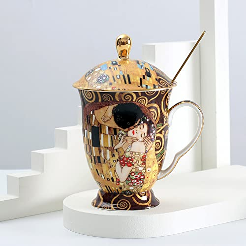 Handgemachte Keramik Kaffeetasse Tasse und Löffel Set Gustav Klimt Kuss Keramik Kaffee Teetasse Set Hafermilch Becher Hochzeitsgeschenk