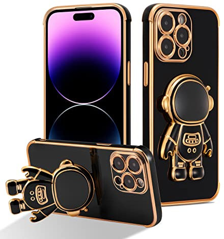 RALEAVO Compatible with iPhone 14 Pro Max (6.7) Case with Cute Astronaut Kickstand Design Shockproof Plating Phone Case for iPhone 14 Pro Max-Black
