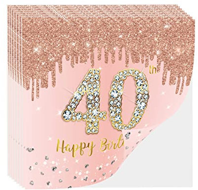 YAAVAAW Rose Gold Happy 40th Birthday Napkins, 20P Womens Party Paper Napkin Disposable, Serviettes Tissue Luncheon Dinner Cocktail for Women, Her Table Decorations