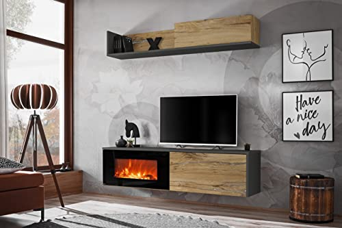 All4All Wohnwand mit elektrischem Kamin Diego E Schrankwand Wohnzimmerschrank Kleine Wohnwand Eichefarbe Weiß Anthrazit Modern 21 (Anthrazit + Flagstaff Eiche)