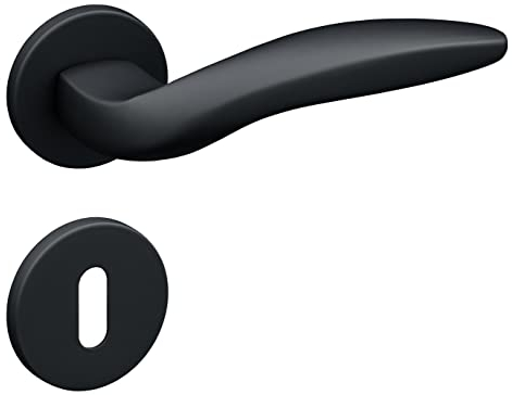 Gavroche Türgriffe Schwarz Matt Set BB Buntbart | Türklinken für Innentüren | Drückergarnitur für Zimmertür mit runder Rosettengarnitur aus Aluminium Türbeschlag in L-Form