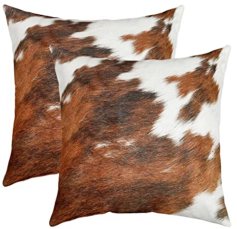 Kuhfell Gedruckt Kissenbezug 2er Set Kissenbezüge Kuhfell Kissenbezüge 45x45cm Kissenhülle Home Bauernhaus Western Bauernhof Tier Haut Plaid Grid Drucken Cowboy Weiß Braun Dekokissen im Freien