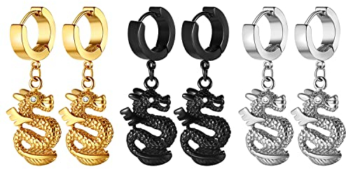 Cupimatch Hängende Ohrringe Creolen mit Anhänger Ohrringe Edelstahl Damen Herren Drache Ohrhänger Ohrstecker Set für Männer Frauen