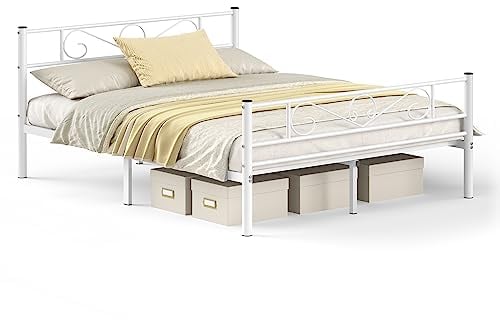 VASAGLE Lit 2 Personnes, Lit Double, en Métal, Convient pour Matelas de 160 x 200 cm, Montage Facile, pour Petits Espaces, Chambre d’Amis, Chambre Ado, Blanc RMB065W01