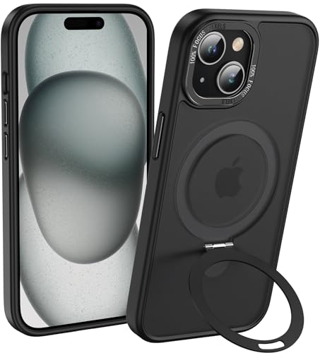 Anqrp Magz Serie für iPhone 15 Hülle, Magnetisch Ring Ständer, Halbtransparent Matte Schutzhülle, Militär Stoßfest Handyhülle für iPhone 15 mit Silikon 6.1’’, Schwarz