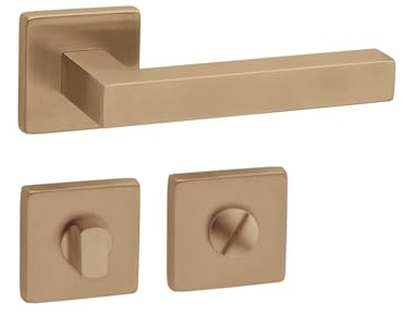 Gedotec Türdrücker Messing gebürstet | 1 Set | Rosettengarnitur auf eckigen Rosetten | KARAT | WC - Badezimmer | Türklinke für Innentüren | Drückergarnitur inkl. Befestigungsmaterial | Klinke rostfrei