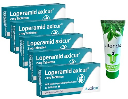 Loperamid Axicur 2mg 5x10 Tabletten incl. einer Handcreme von vitenda - schnelle Hilfe bei akutem Durchfall mit dem bewährten Wirkstoff Loperamidhydrochlorid, ideal für die Reiseapotheke
