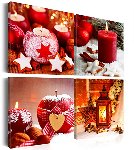 B&D XXL - Wandbilder Wandbilder 4-teilig Weihnachten - Kerzen und Gewürze Leinwandbilder Set - Festliche Dekoration für Wohnzimmer, Schlafzimmer - Rot und Weiß Winterlandschaft Druck