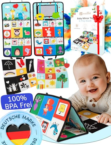 Mallie® Sensorik Baby Spiegel Spielzeug mit Bauchlage Knisterbuch I Babyspielzeuge ab 0, 3, 6 Monate I Baby Mirror Toy mit Schwarz Weiß Kontrast Muster I Tummy Time Toys, Knisterspielzeug