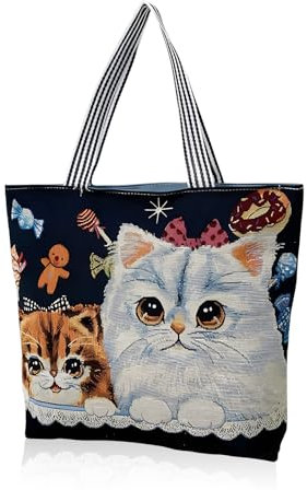 WisePoint Ästhetische Canvas Tote Bag mit Reißverschluss und Innentasche, Nette Umhängetasche für Frauen Einkaufen, Leinwand mit Tierdruck (Katze)