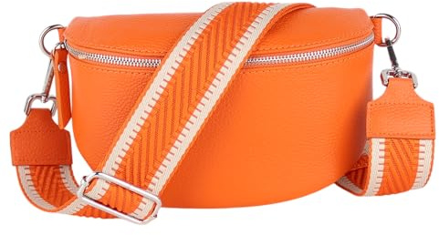 MIRROSI® Bauchtasche Damen, Echtleder, Made in Italy, Umhängetasche, Brusttasche, Crossbody Bag (1 Tasche & 2 Gurte) (Orange (Streifen), Kleine Tasche (22x13x6cm))