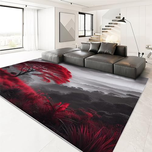 Waschbar Home Teppich Wohnzimmer Schlafzimmer Roter Pflanzenbaum Teppich für Esszimmer Kurzflor rutschfest TeppichFlauschig Weich Grau Rechteck Moderne Deko Teppiche, Grösse:80x150cm