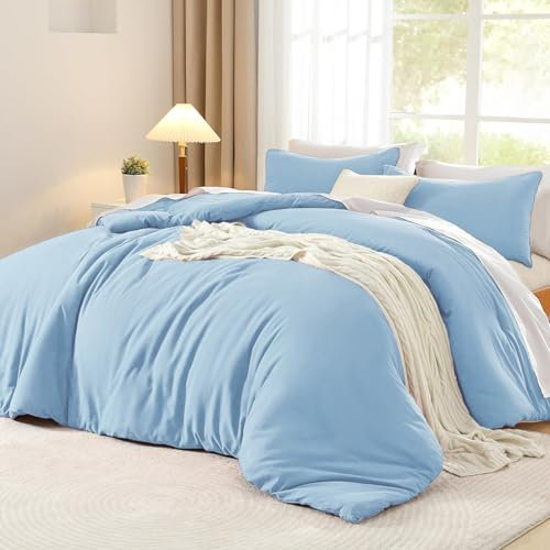 Luofanfei Baumwolle Bettwäsche 135x200 4teilig Blau Hellblau Einfarbig Muster Renforce Baumwollbettwäsche Premium Uni Modern Weiche Bettbezüge und Kissenbeüge 80x80 cm mit Reißverschluss