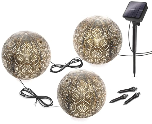 Esotec Solarkugeln Ambrosia, 3er Set, Farbe Messing antik, D=15cm, 2m Solarkugel Lichterkette, Akku, Solarmodul, Erdspieß, Bodenleuchte, Kugelleuchte, Kunststoff, Outdoor, außen, wetterfest 103030