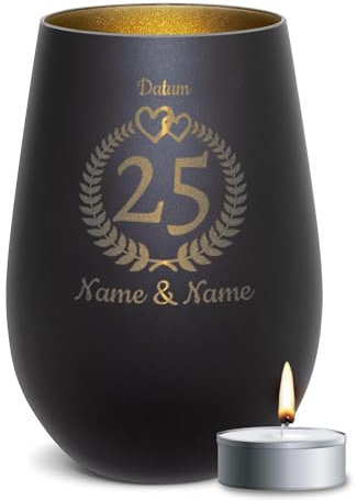 PR Print Royal Schwarzes Windlicht mit Gravur zur Silberhochzeit - 25 Jahre - mit Namen & Datum - Hochzeitsgeschenk, Geschenk Silberhochzeit | inkl. Teelicht, 450 ml, Innen Gold