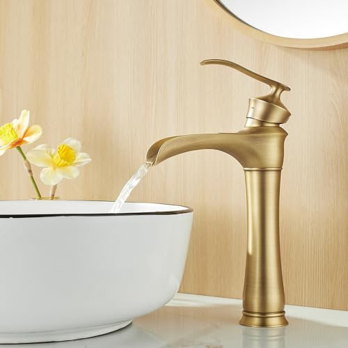 Maynosi Wasserfall Waschtischarmatur Hoch, Wasserhahn Bad mit Auslauf Höhe 200 mm, Mischbatterie Badarmatur Retro mit Flexiblen Schläuchen, Waschbecken Armaturen Badezimmer (Antikes Messing)