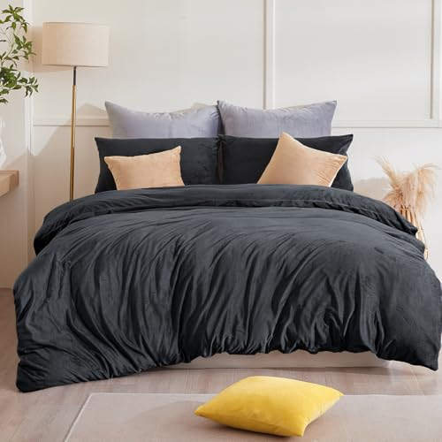 Beqnat Winter Flanell Bettwäsche 200x200 3teilig Warme Flauschige Teddy Plüsch Bettwäsche Sets Cashmere Touch Microfaser Fleece 1 Bettbezug + Kissenbezug 2er 80x80 mit Reißverschluss, Anthrazit